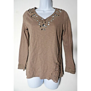 Mur Mur Shirt Small Cutout Taupe Boho Hippie Tunic Top Crochet Eyelet Basic